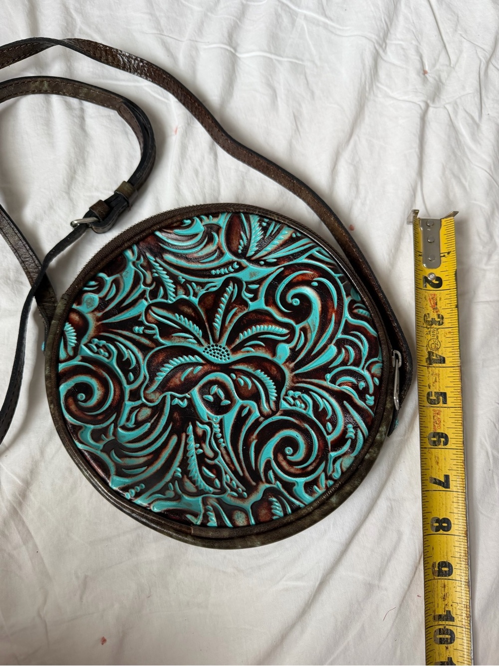 Patricia Nash Turquoise Tooled Round Crossbody with Brown Trim - Picture 3 of 5